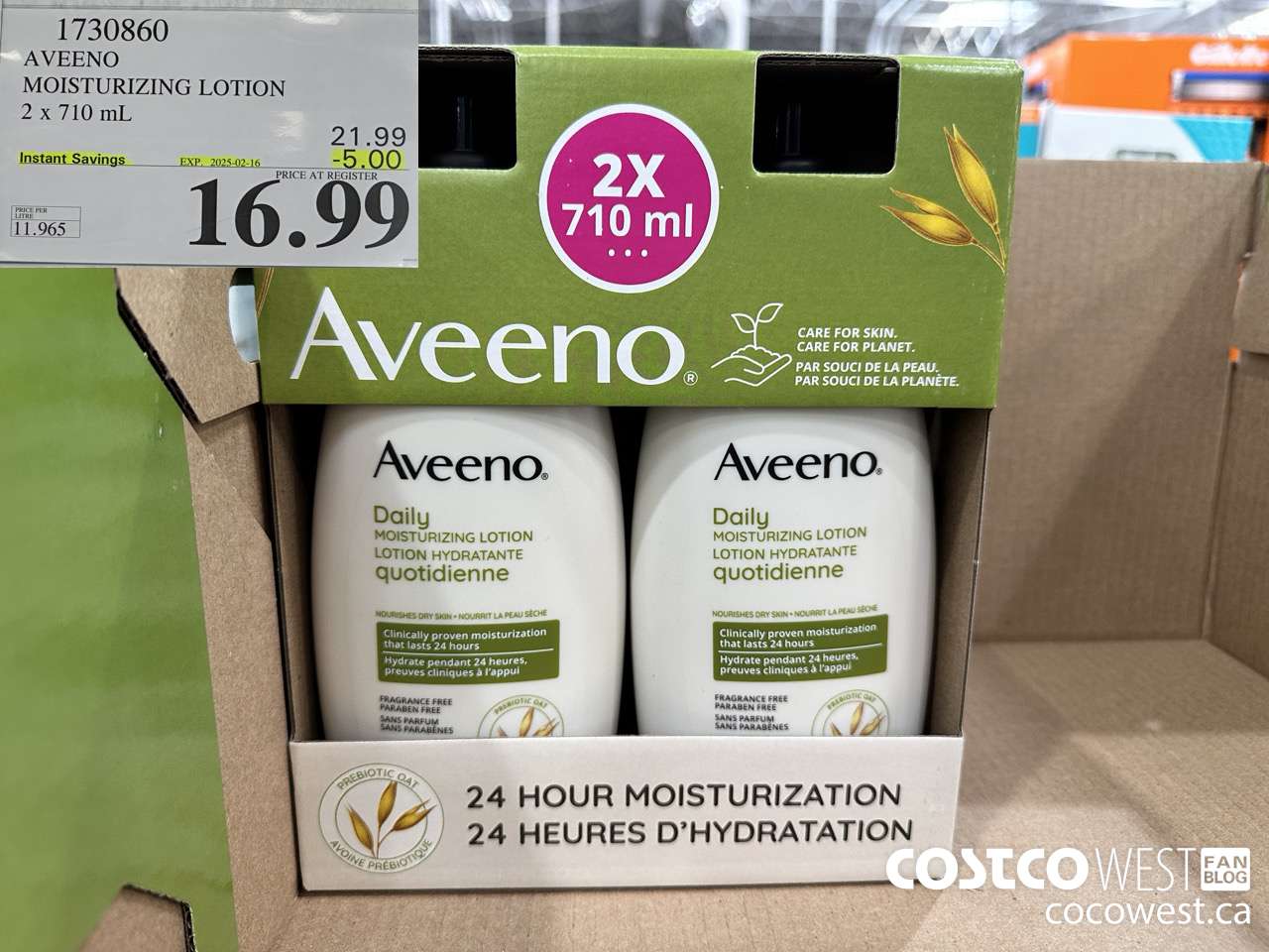 1730860 AVEENO MOISTURIZING LOTION 2 X 710ML ($5.00 INSTANT SAVINGS EXPIRES ON 2025-02-16) $16.99