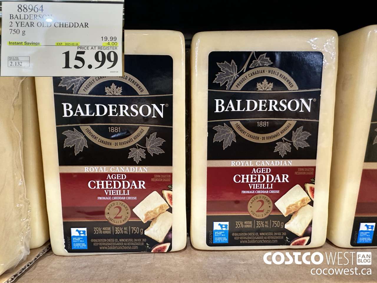 88964 BALDERSON 2 YEAR OLD CHEDDAR 750 g ($4.00 INSTANT SAVINGS EXPIRES ON 2025-02-16) $15.99