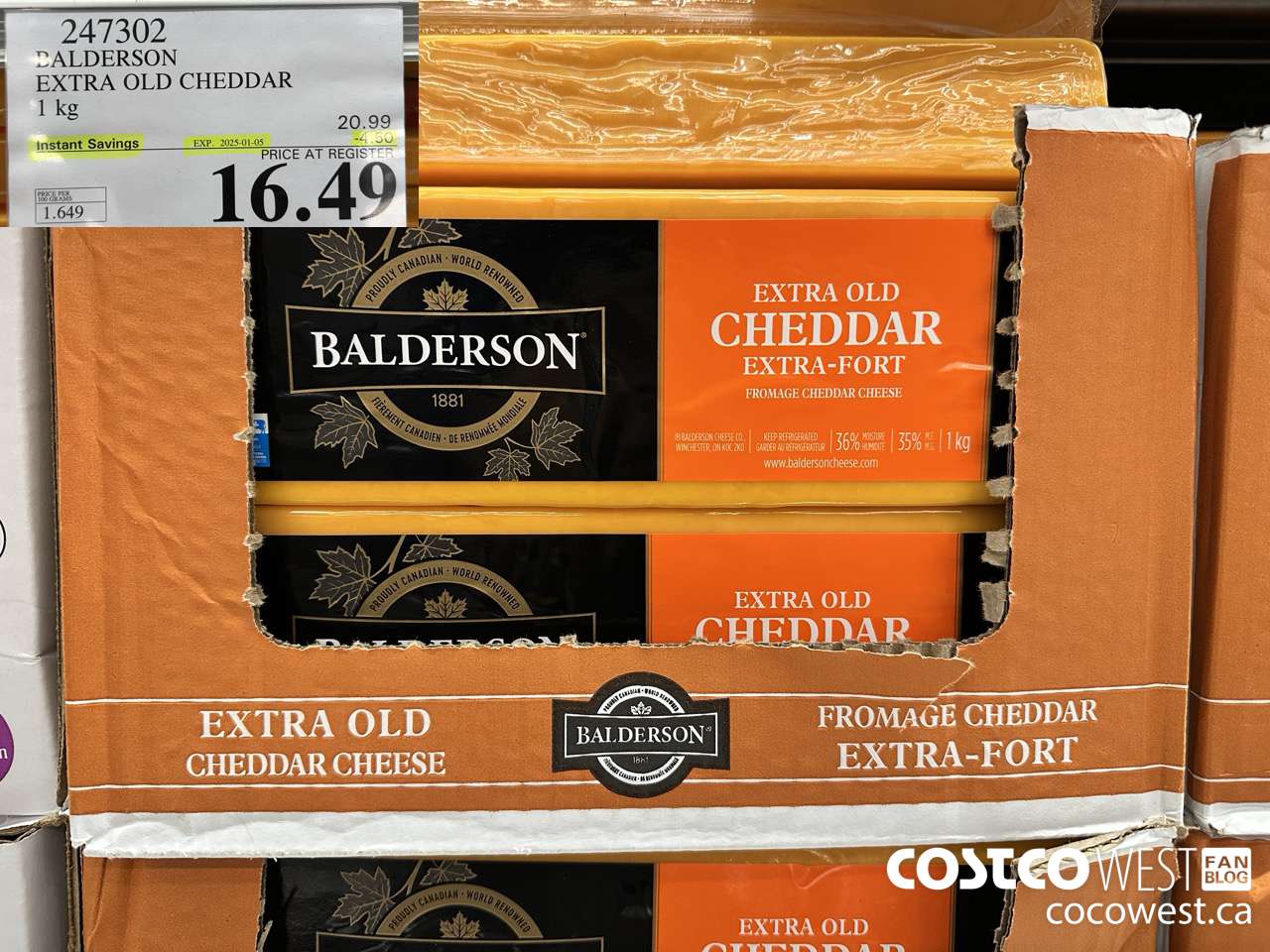 247302 BALDERSON EXTRA OLD CHEDDAR 1 kg ($4.50 INSTANT SAVINGS EXPIRES ON 2025-01-05) $16.49