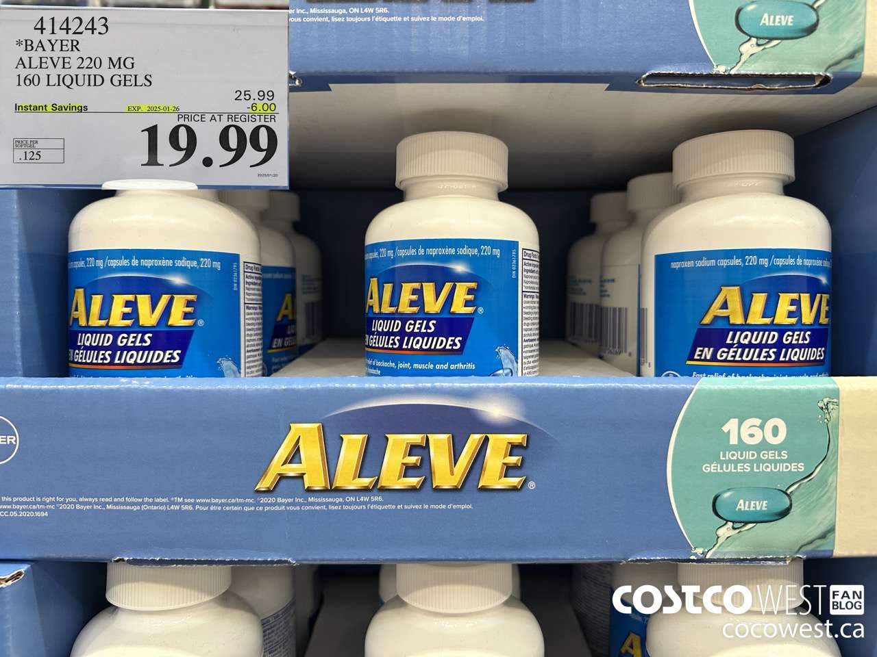 414243 BAYER ALEVE 220 MG 160 LIQUID GELS ($6.00 INSTANT SAVINGS EXPIRES ON 2025-01-26) $19.99