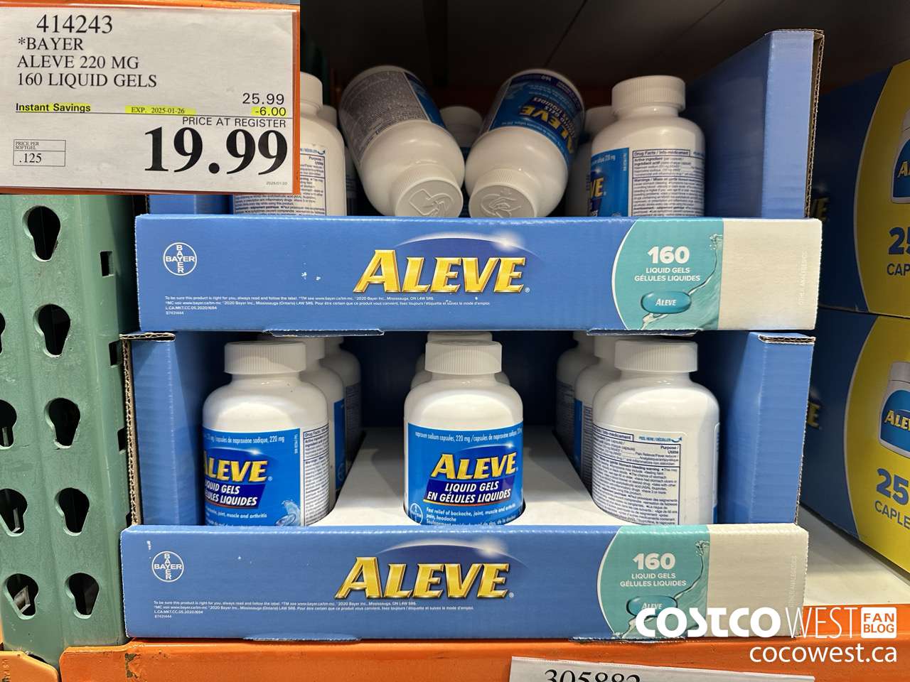 414243 BAYER ALEVE 220 MG 160 LIQUID GELS ($6.00 INSTANT SAVINGS EXPIRES ON 2025-01-26) $19.99