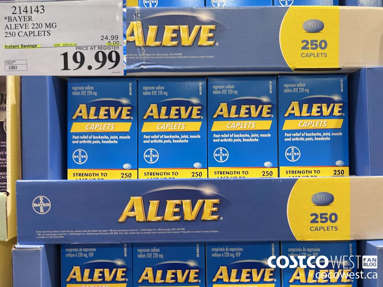 214143 BAYER ALEVE 220 MG 250 CAPLETS ($5.00 INSTANT SAVINGS EXPIRES ON 2025-01-19) $19.99