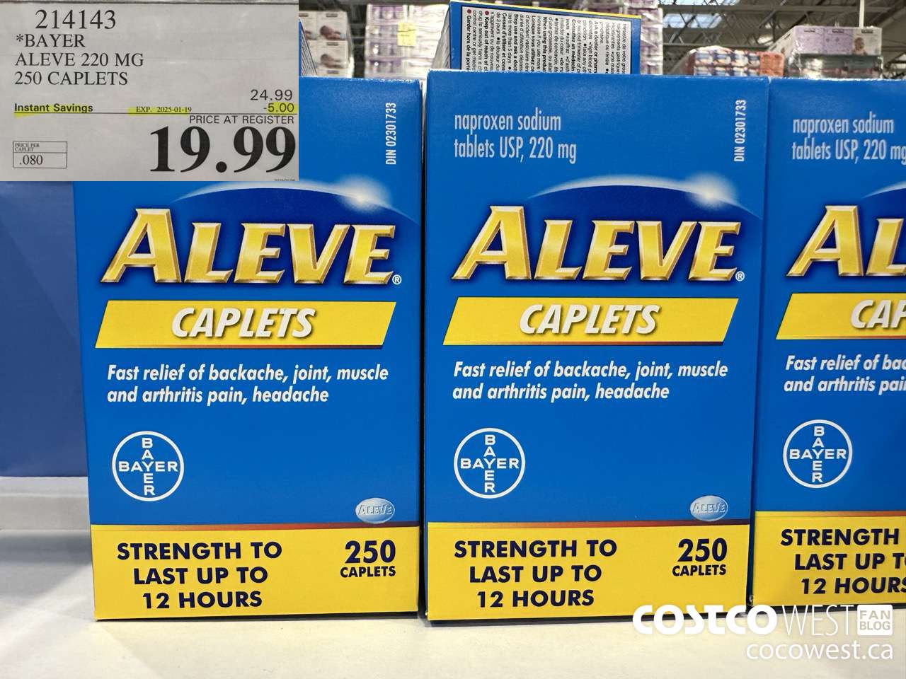 214143 BAYER ALEVE 220 MG 250 CAPLETS ($5.00 INSTANT SAVINGS EXPIRES ON 2025-01-19) $19.99