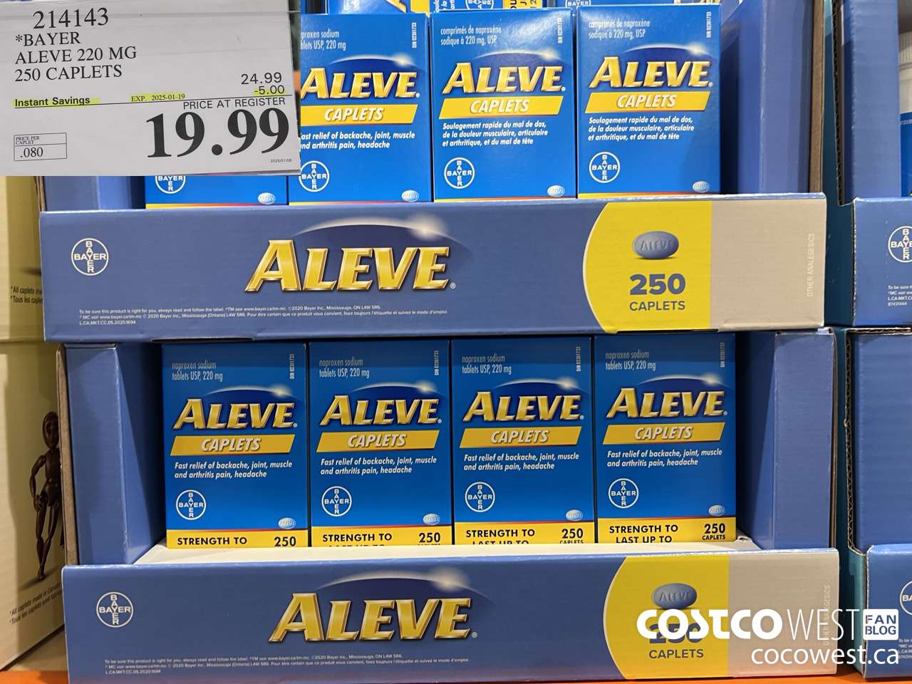 214143 BAYER ALEVE 220 MG 250 CAPLETS ($5.00 INSTANT SAVINGS EXPIRES ON 2025-01-19) $19.99