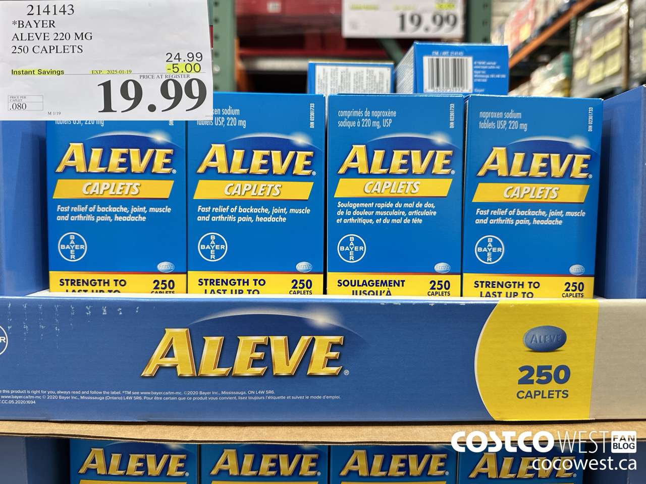 214143 BAYER ALEVE 220 MG 250 CAPLETS ($5.00 INSTANT SAVINGS EXPIRES ON 2025-01-19) $19.99