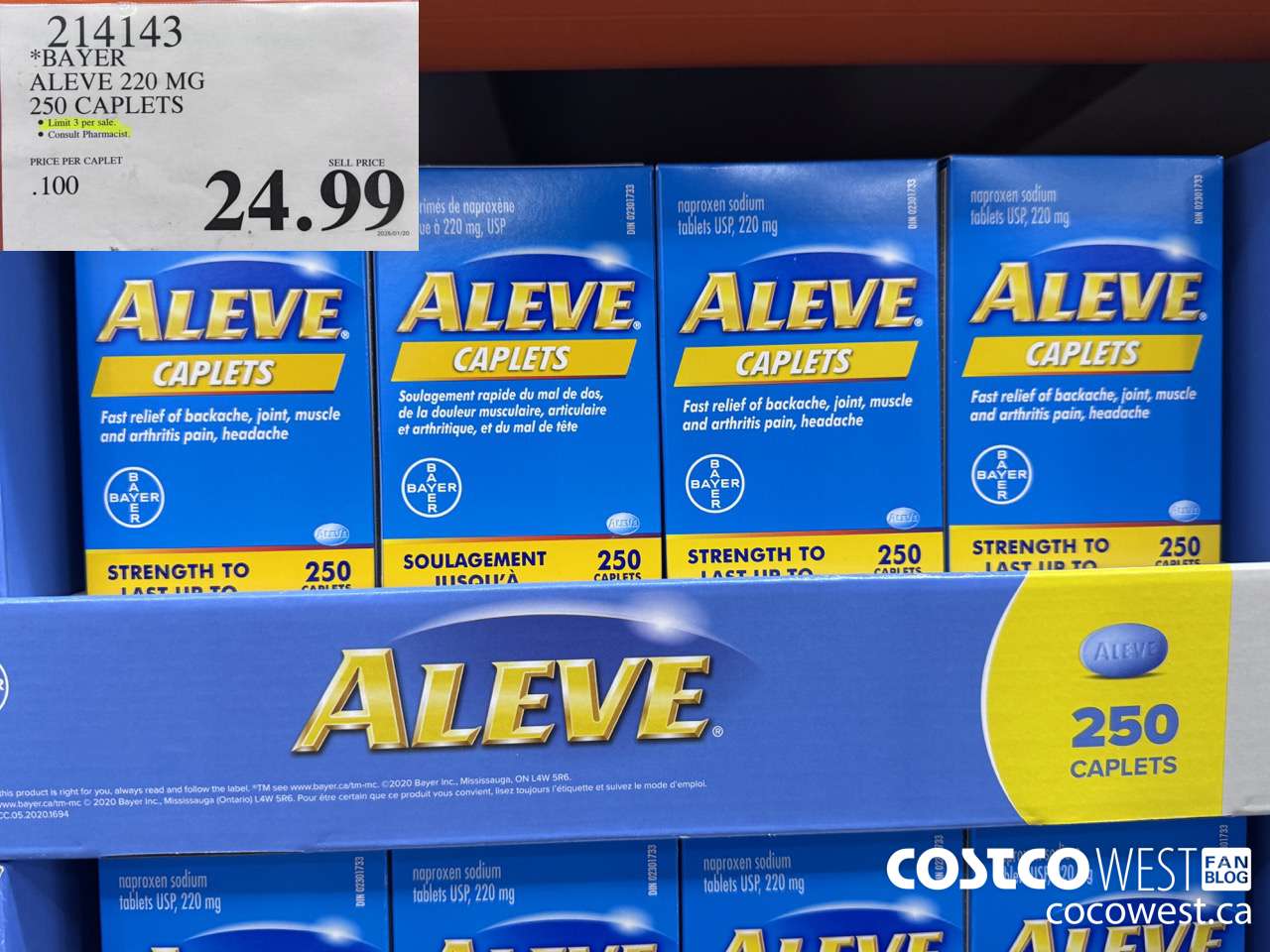 214143 BAYER ALEVE 220 MG 250 CAPLETS $24.99