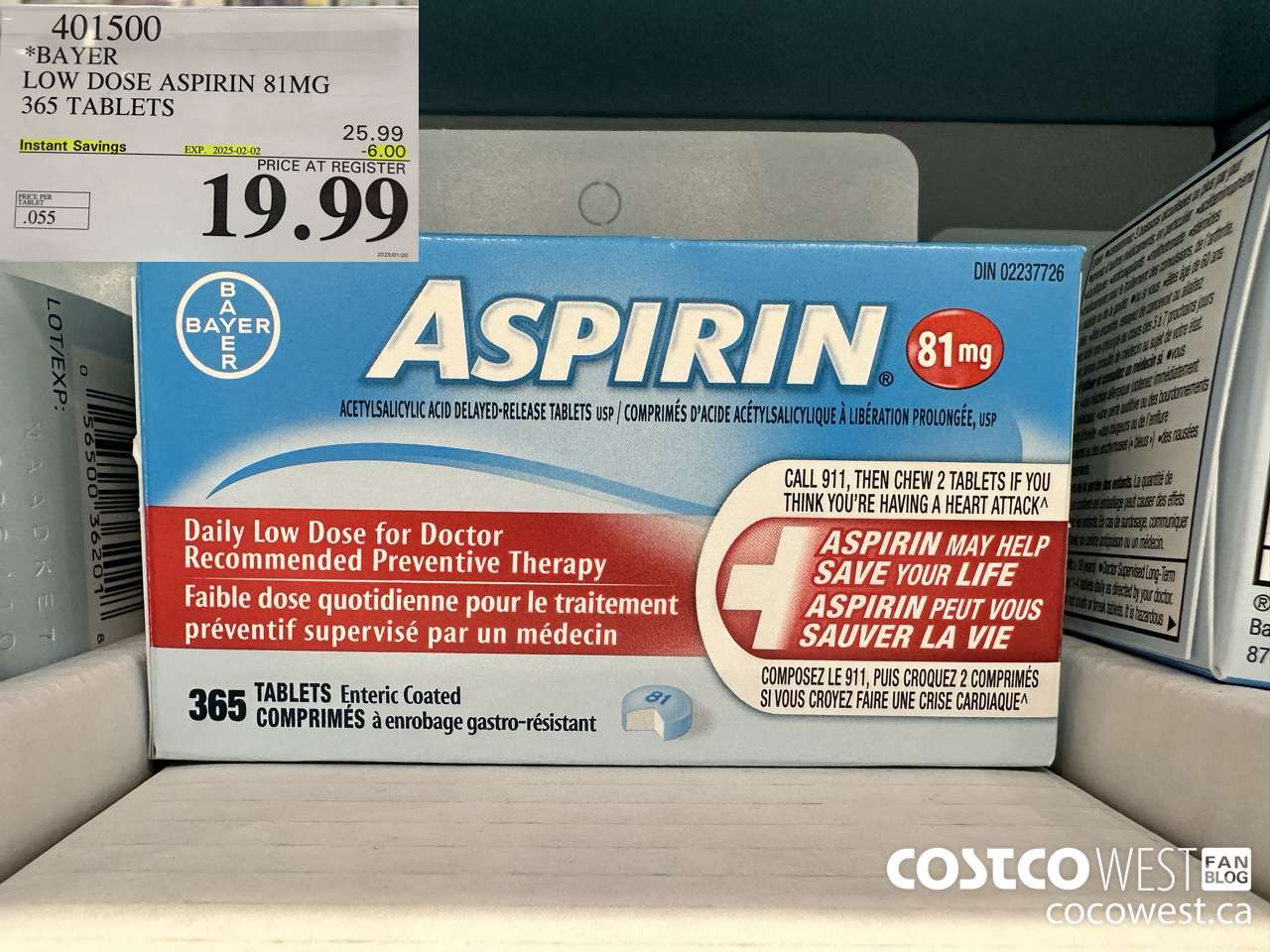 401500 BAYER COATED LOW DOSE ASA 365 81MG TABLETS ($6.00 INSTANT SAVINGS EXPIRES ON 2025-02-02) $19.99