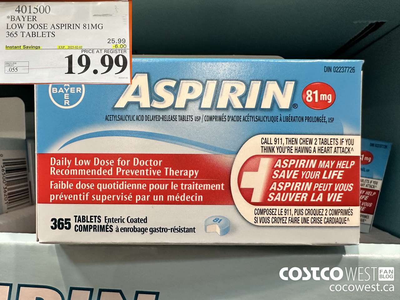 401500 BAYER COATED LOW DOSE ASA 365 81MG TABLETS ($6.00 INSTANT SAVINGS EXPIRES ON 2025-02-02) $19.99