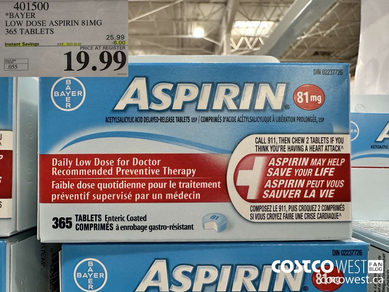 401500 BAYER COATED LOW DOSE ASA 365 81MG TABLETS ($6.00 INSTANT SAVINGS EXPIRES ON 2025-02-02) $19.99