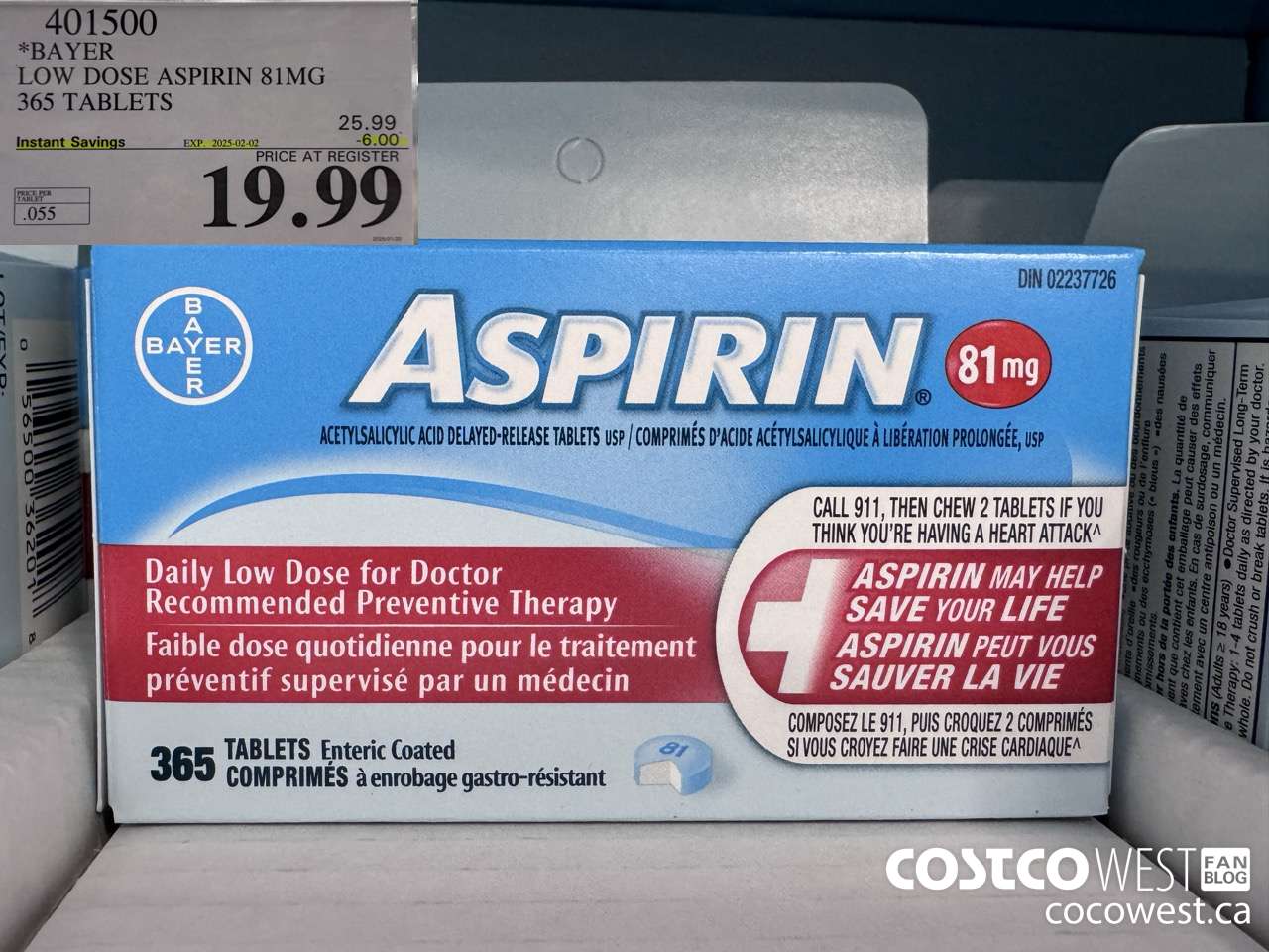401500 BAYER COATED LOW DOSE ASA 365 81MG TABLETS ($6.00 INSTANT SAVINGS EXPIRES ON 2025-02-02) $19.99