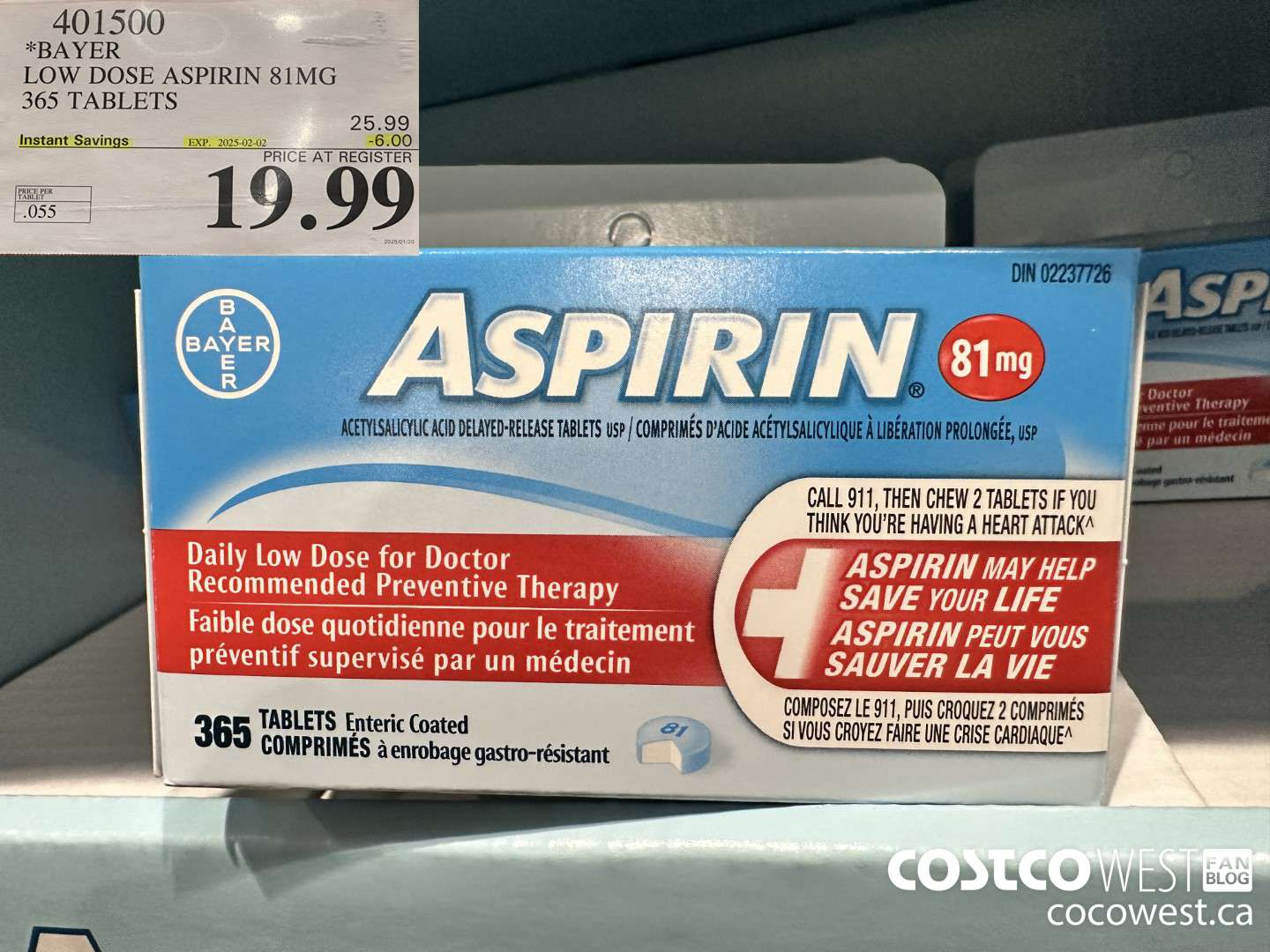 401500 BAYER COATED LOW DOSE ASA 365 81MG TABLETS ($6.00 INSTANT SAVINGS EXPIRES ON 2025-02-02) $19.99