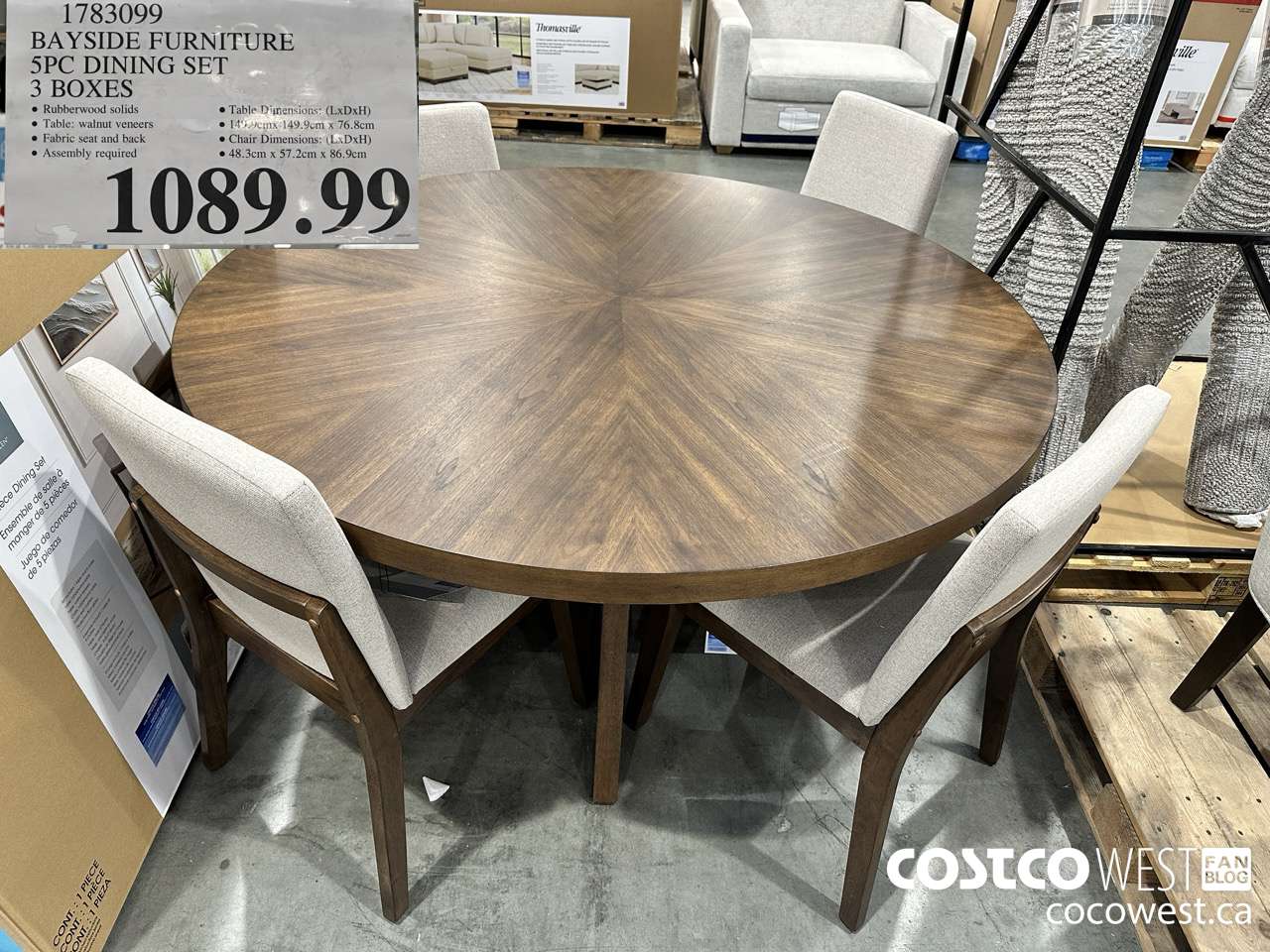 1783099 BAYSIDE FURNITURE 5PC DINING SET 3 BOXES $1089.99