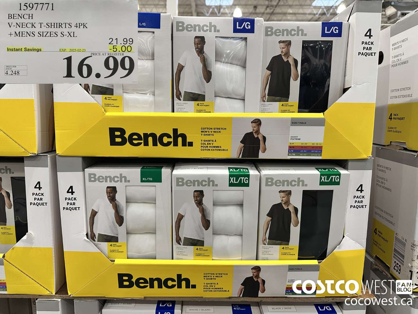 1597771 BENCH V-NECK T-SHIRTS 4PK MENS SIZES M-XL ($5.00 INSTANT SAVINGS EXPIRES ON 2025-02-23) $16.99