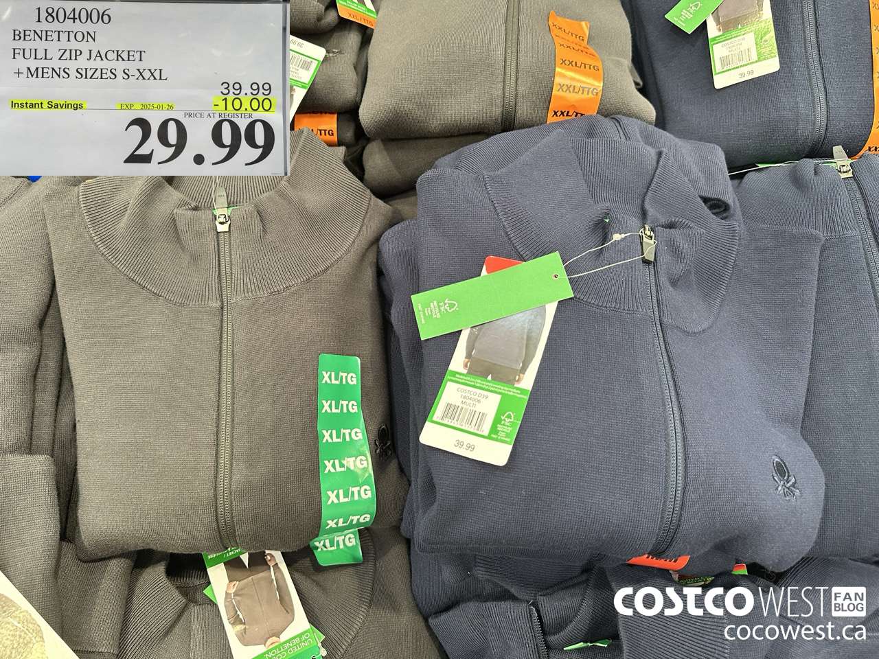 1804006 BENETTON FULL ZIP JACKET MENS SIZES S-XXL ($10.00 INSTANT SAVINGS EXPIRES ON 2025-01-26) $29.99