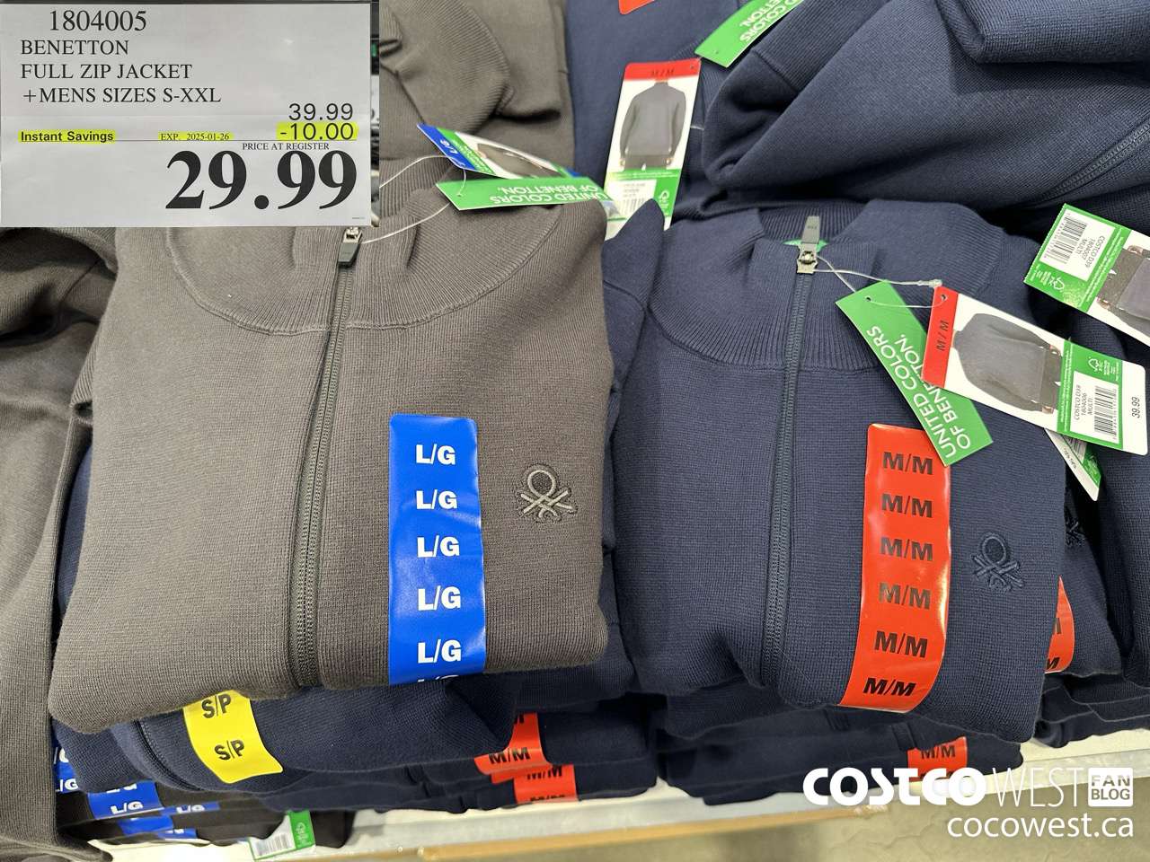 1804005 BENETTON FULL ZIP JACKET MENS SIZES S-XXL ($10.00 INSTANT SAVINGS EXPIRES ON 2025-01-26) $29.99