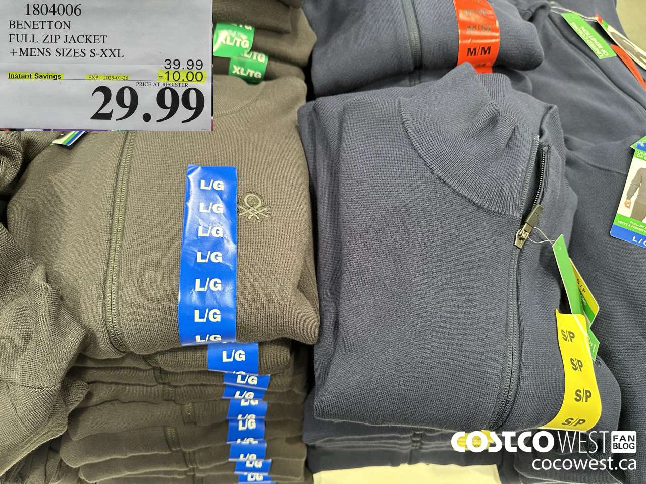 1804006 BENETTON FULL ZIP JACKET MENS SIZES S-XXL ($10.00 INSTANT SAVINGS EXPIRES ON 2025-01-26) $29.99