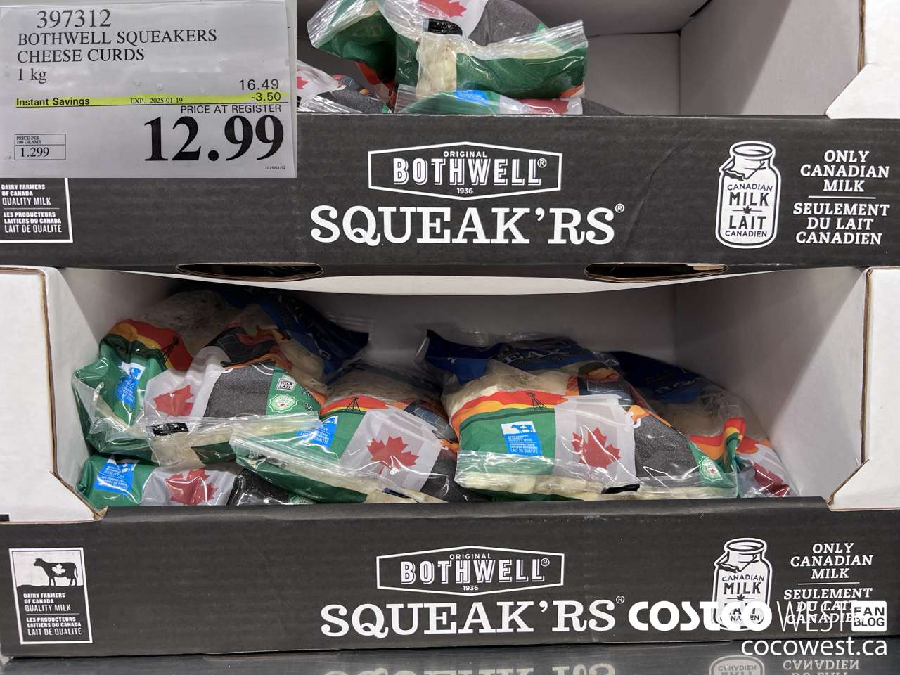 397312 BOTHWELL SQUEAKERS CHEESE CURDS 1KG ($3.50 INSTANT SAVINGS EXPIRES ON 2025-01-19) $12.99