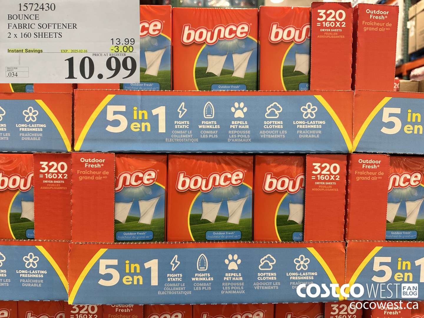 1572430 BOUNCE FABRIC SOFTENER 2 X 160 SHEETS ($3.00 INSTANT SAVINGS EXPIRES ON 2025-02-16) $10.99