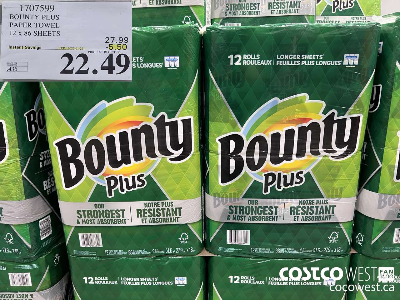 1707599 BOUNTY PLUS PAPER TOWEL 12 X 86 SHEETS ($5.50 INSTANT SAVINGS EXPIRES ON 2025-01-26) $22.49