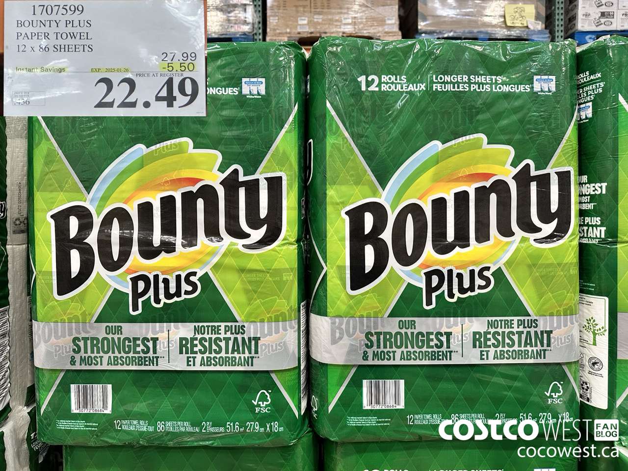 1707599 BOUNTY PLUS PAPER TOWEL 12 X 86 SHEETS ($5.50 INSTANT SAVINGS EXPIRES ON 2025-01-26) $22.49