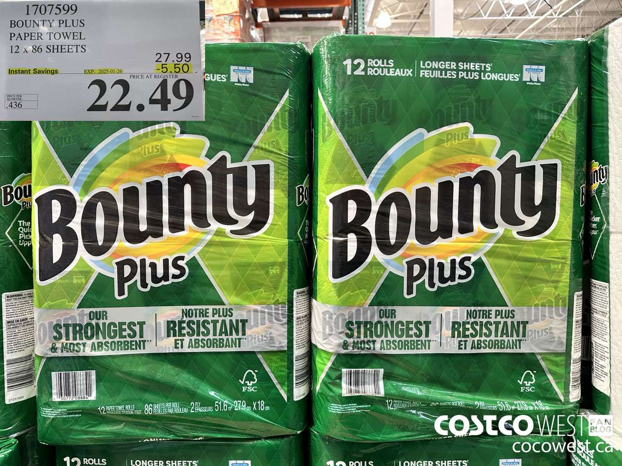 1707599 BOUNTY PLUS PAPER TOWEL 12 X 86 SHEETS ($5.50 INSTANT SAVINGS EXPIRES ON 2025-01-26) $22.49