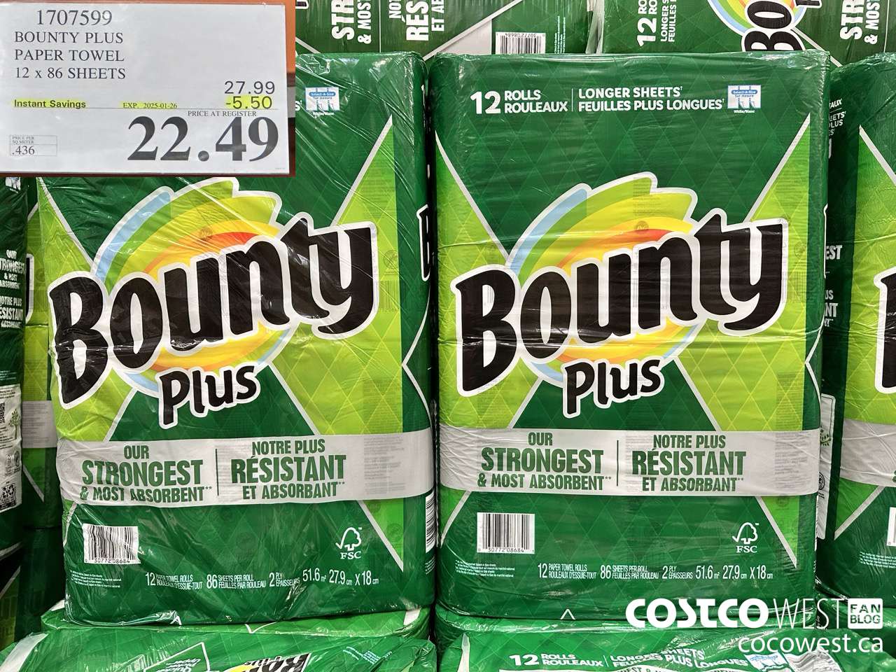 1707599 BOUNTY PLUS PAPER TOWEL 12 X 86 SHEETS ($5.50 INSTANT SAVINGS EXPIRES ON 2025-01-26) $22.49