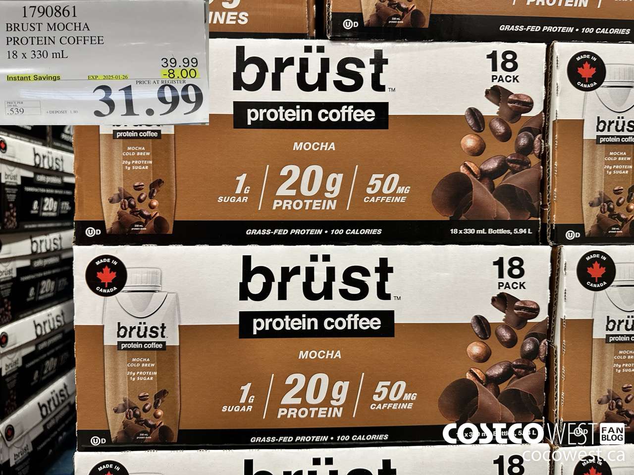 1790861 BRUST MOCHA PROTEIN COFFEE 18 X 330ML ($8.00 INSTANT SAVINGS EXPIRES ON 2025-01-26) $31.99