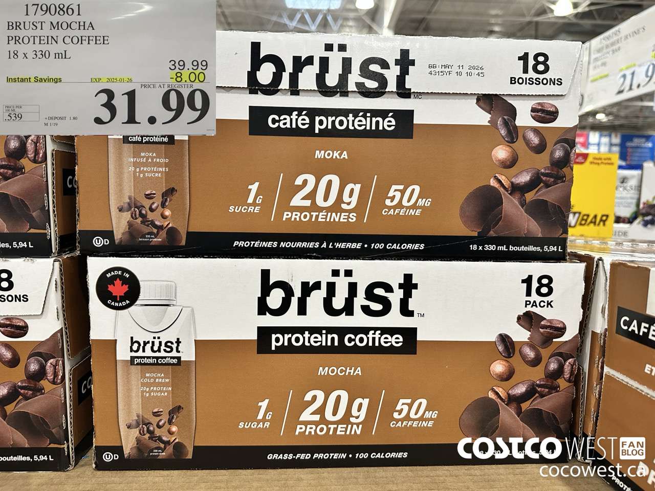 1790861 BRUST MOCHA PROTEIN COFFEE 18 X 330ML ($8.00 INSTANT SAVINGS EXPIRES ON 2025-01-26) $31.99