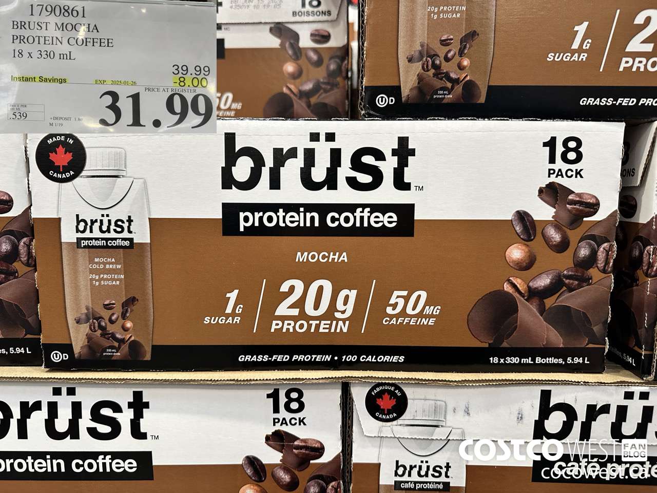1790861 BRUST MOCHA PROTEIN COFFEE 18 X 330ML ($8.00 INSTANT SAVINGS EXPIRES ON 2025-01-26) $31.99