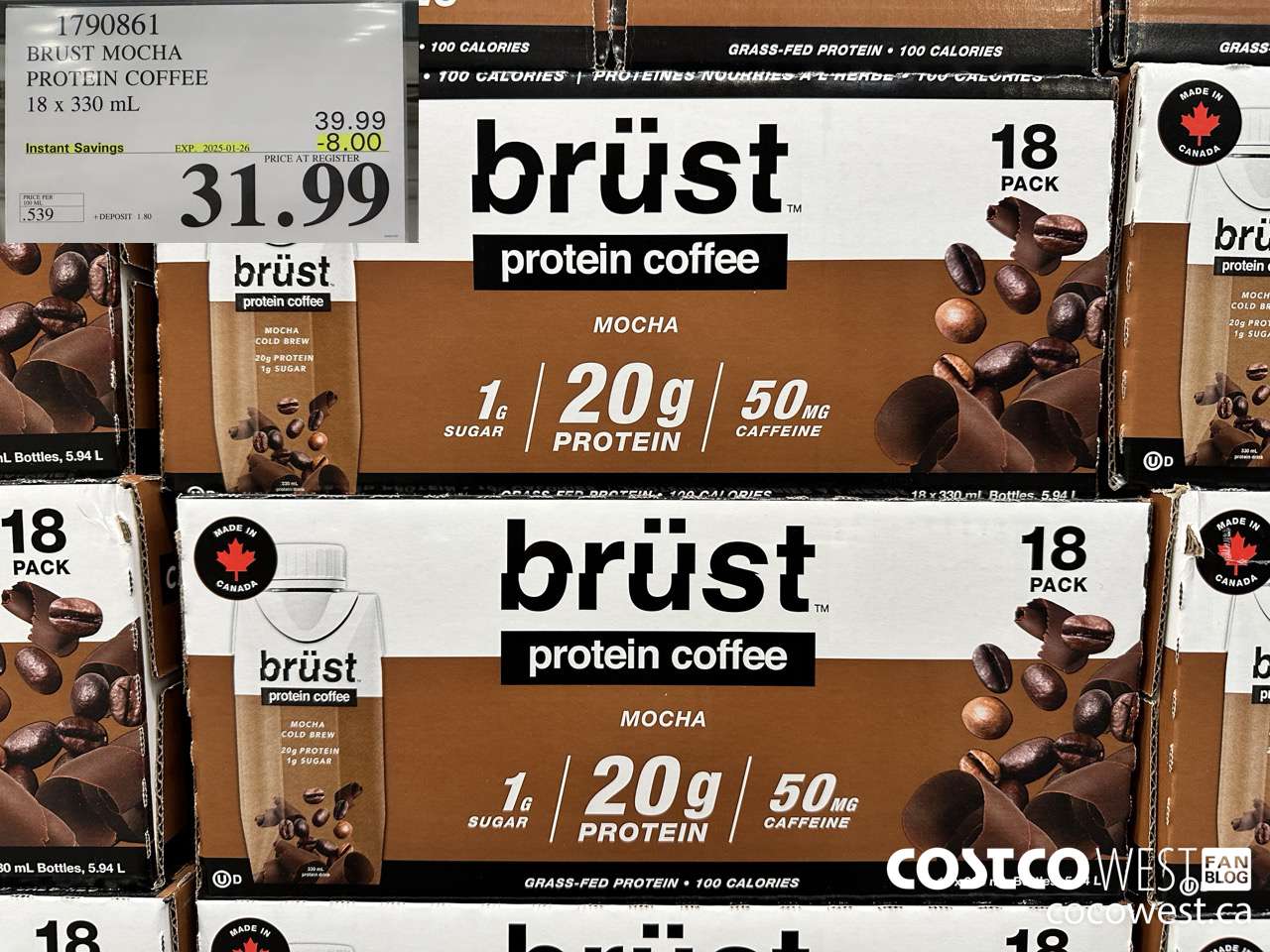 1790861 BRUST MOCHA PROTEIN COFFEE 18 X 330ML ($8.00 INSTANT SAVINGS EXPIRES ON 2025-01-26) $31.99
