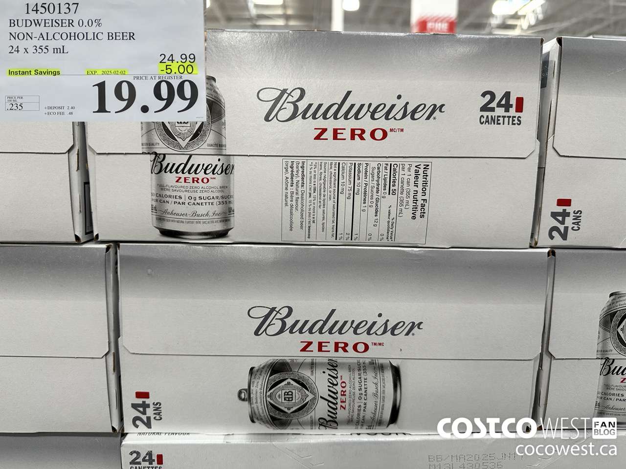 1450137 BUDWEISER 0.0% 24 x 355 mL ($5.00 INSTANT SAVINGS EXPIRES ON 2025-02-02) $19.99