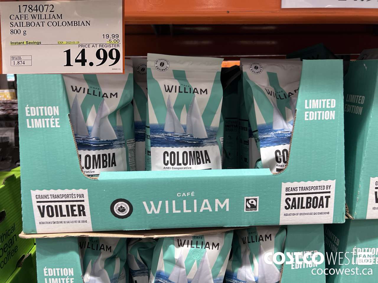 1784072 CAFE WILLIAM SAILBOAT COLOMBIAN 800G ($5.00 INSTANT SAVINGS EXPIRES ON 2025-01-19) $14.99