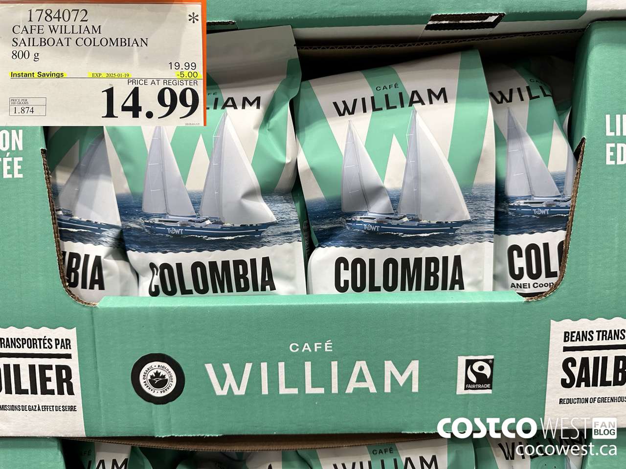 1784072 CAFE WILLIAM SAILBOAT COLOMBIAN 800G ($5.00 INSTANT SAVINGS EXPIRES ON 2025-01-19) $14.99