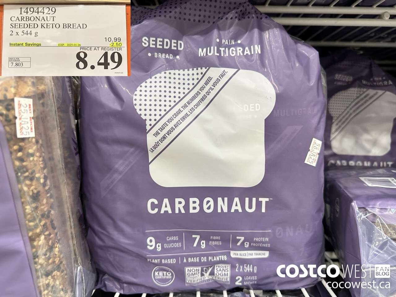 1494429 CARBONAUT SEEDED KETO BREAD 2 x 544 g ($2.50 INSTANT SAVINGS EXPIRES ON 2025-01-26) $8.49