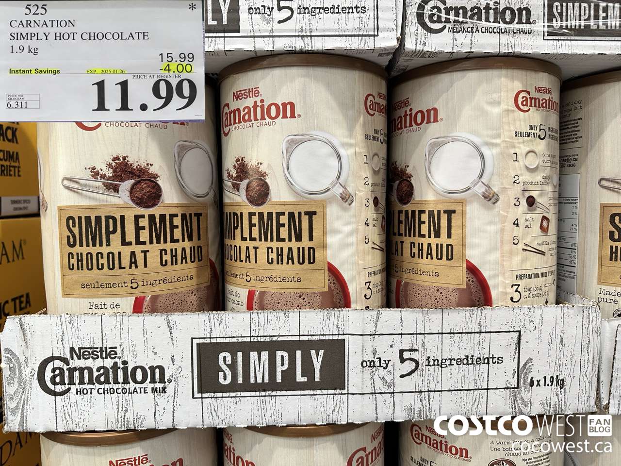 525 CARNATION 5 SIMPLE INGREDIENTS HOT CHOCOLATE 1.9 kg ($4.00 INSTANT SAVINGS EXPIRES ON 2025-01-26) $11.99