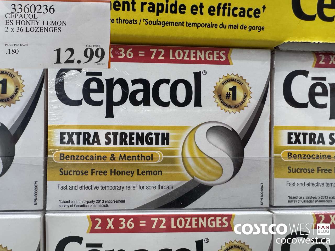 3360236 CEPACOL ES HONEY LEMON 2 X 36 LOZANGES $12.99