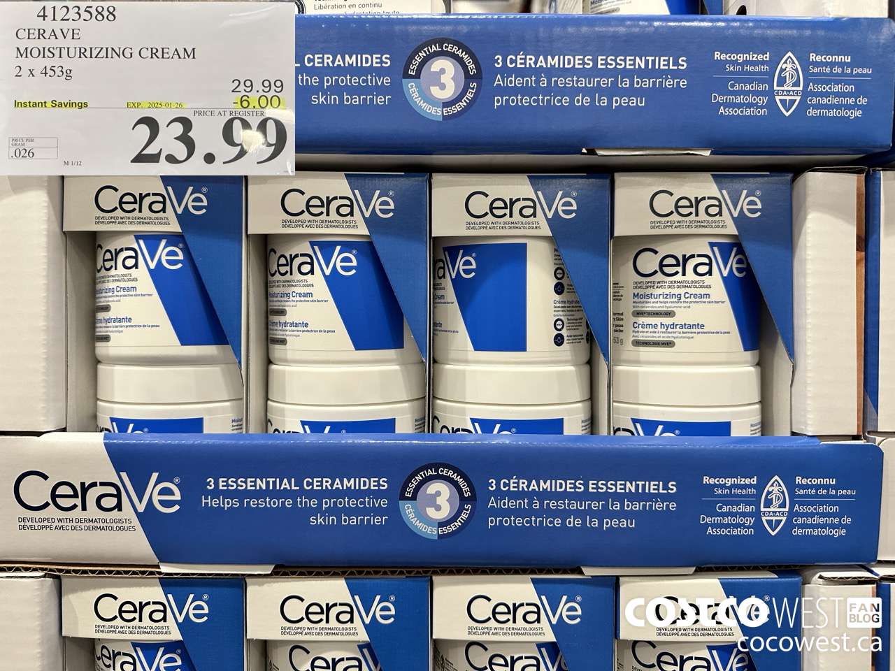 4123588 CERAVE MOSTURIZING CREAM 2 X 453G ($6.00 INSTANT SAVINGS EXPIRES ON 2025-01-26) $23.99