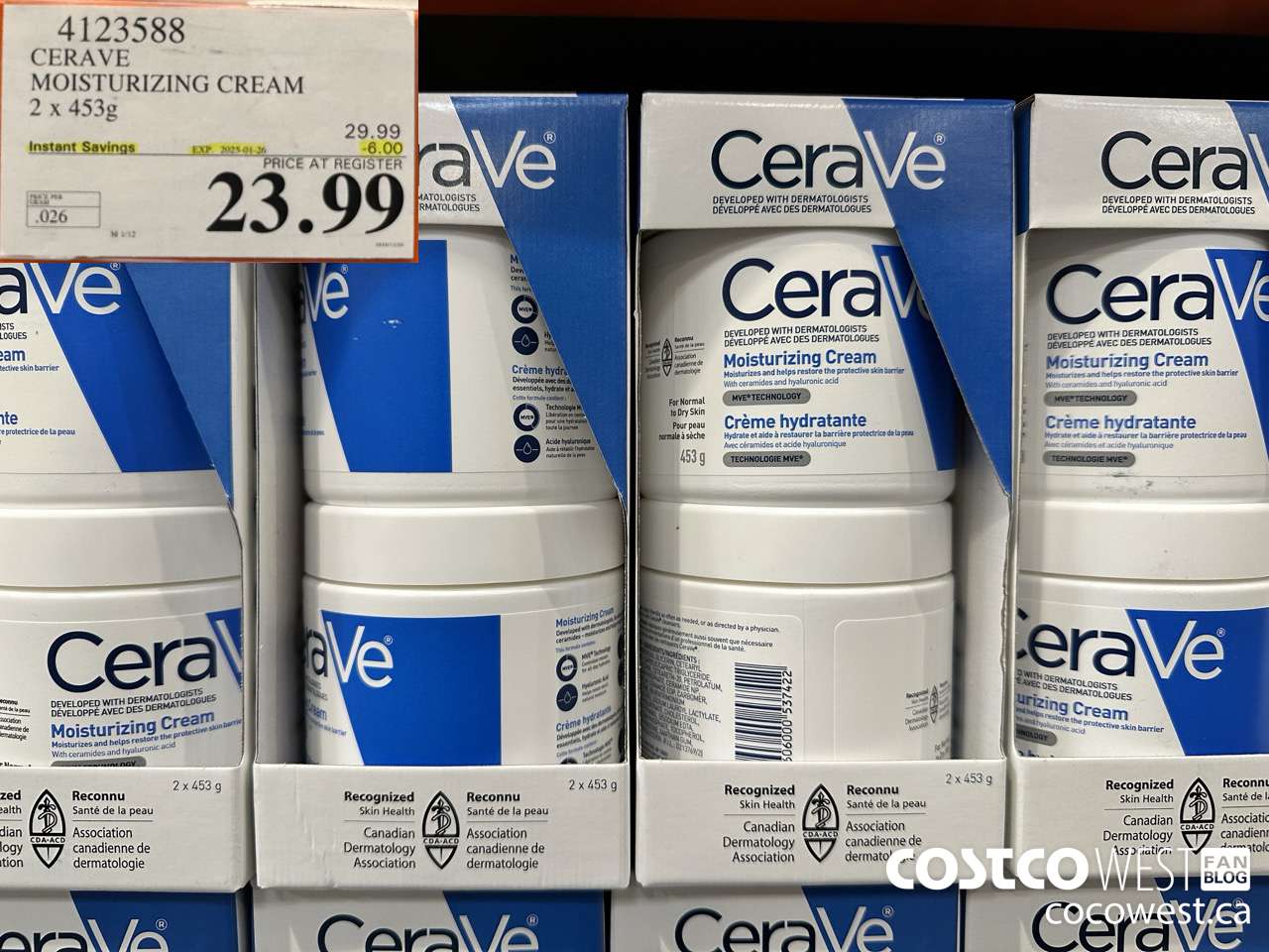 4123588 CERAVE MOSTURIZING CREAM 2 X 453G ($6.00 INSTANT SAVINGS EXPIRES ON 2025-01-26) $23.99
