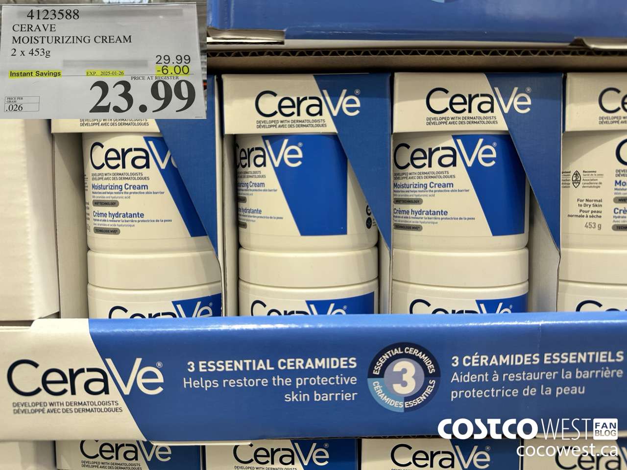 4123588 CERAVE MOSTURIZING CREAM 2 X 453G ($6.00 INSTANT SAVINGS EXPIRES ON 2025-01-26) $23.99