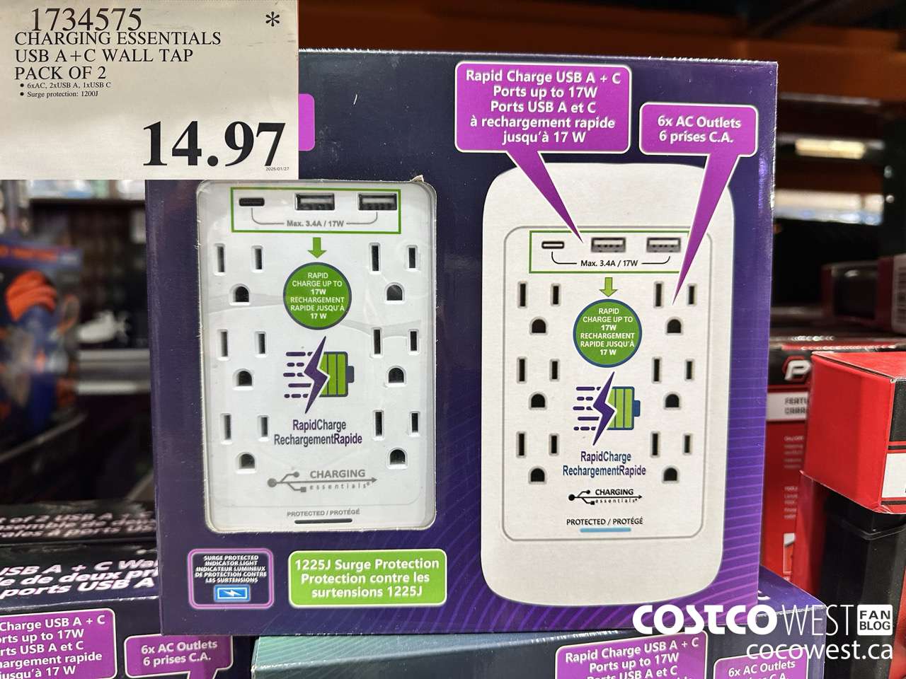 1734575 CHARGING ESSENTIALS USB A+C WALL TAP PACK OF 2 $14.97