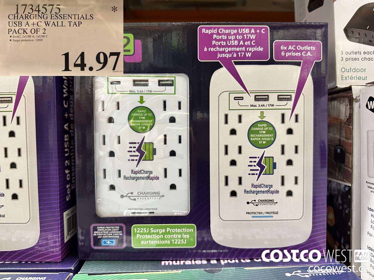 1734575 CHARGING ESSENTIALS USB A+C WALL TAP PACK OF 2 $14.97