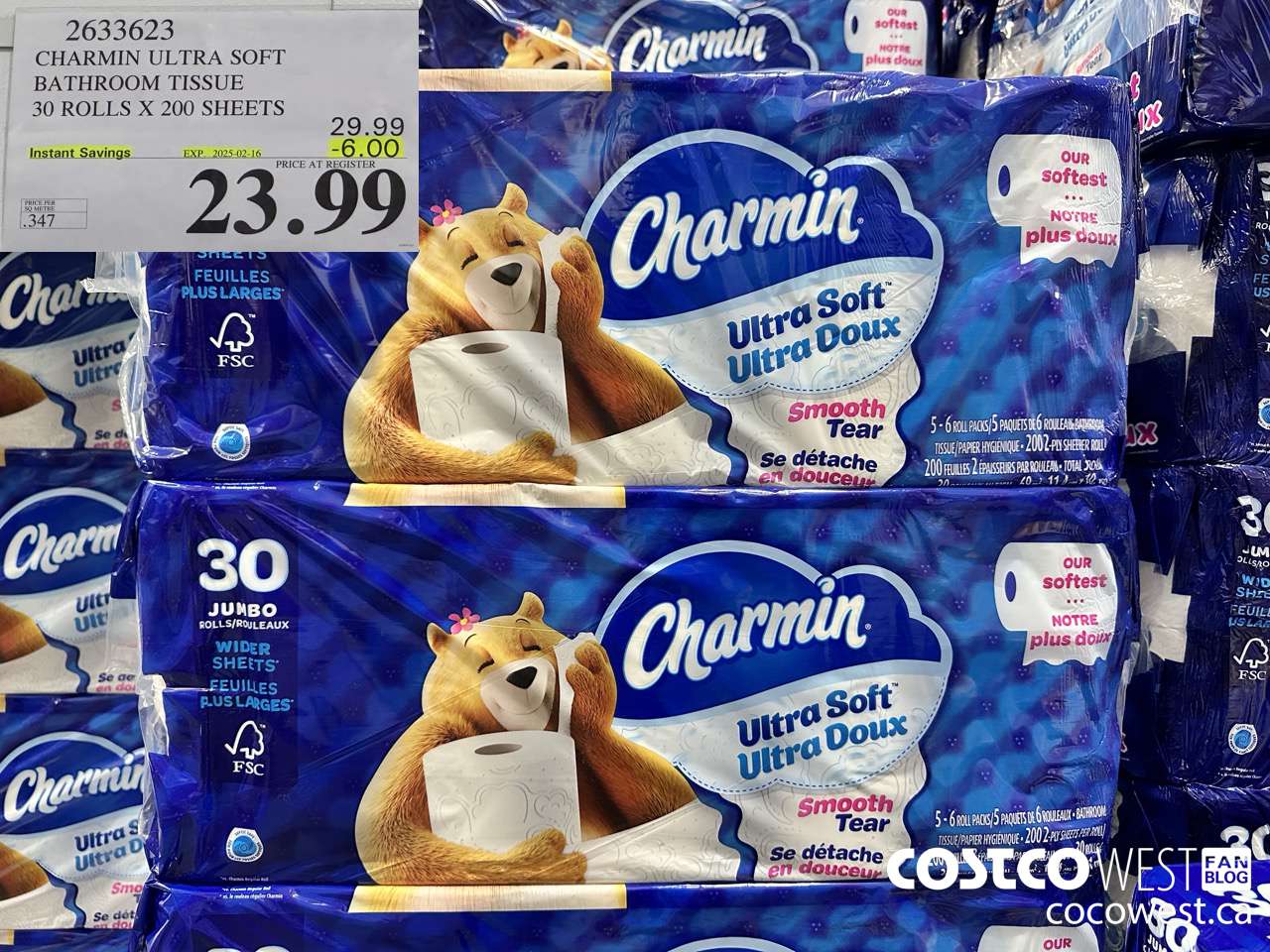 2633623 CHARMIN ULTRA SOFT BATHROOM TISSUE 30 ROLLS X 200 SHEETS ($6.00 INSTANT SAVINGS EXPIRES ON 2025-02-16) $23.99