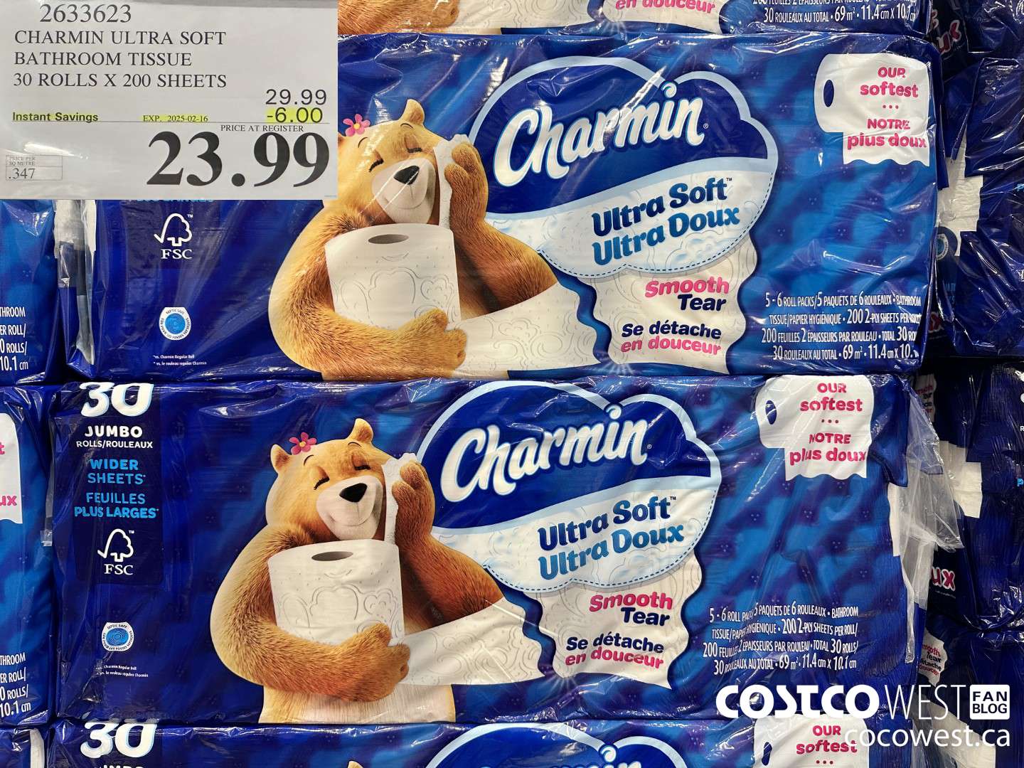 2633623 CHARMIN ULTRA SOFT BATHROOM TISSUE 30 ROLLS X 200 SHEETS ($6.00 INSTANT SAVINGS EXPIRES ON 2025-02-16) $23.99