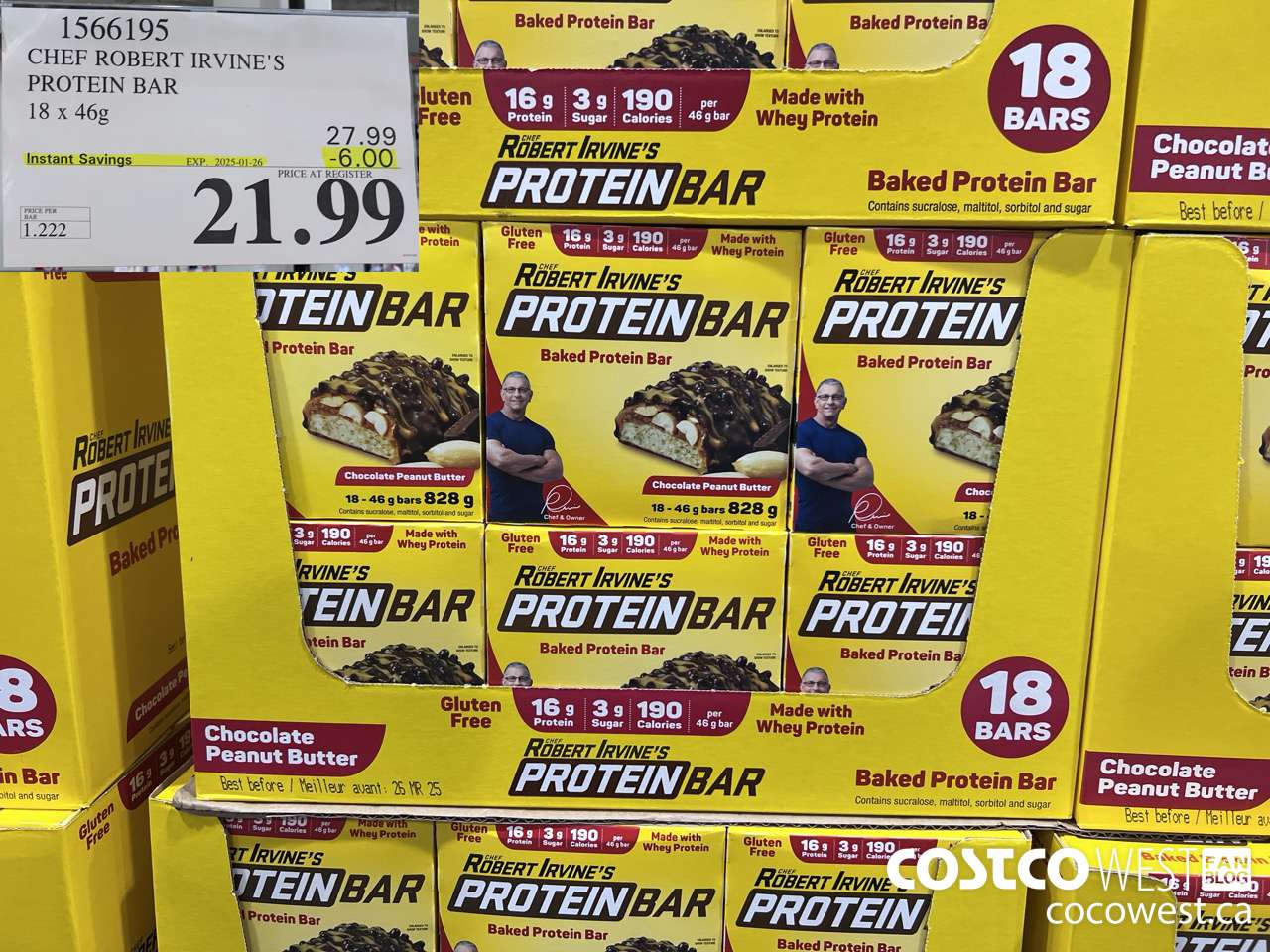 1566195 CHEF ROBERT IRVINE'S PROTEIN BAR 18 X 46G ($6.00 INSTANT SAVINGS EXPIRES ON 2025-01-26) $21.99