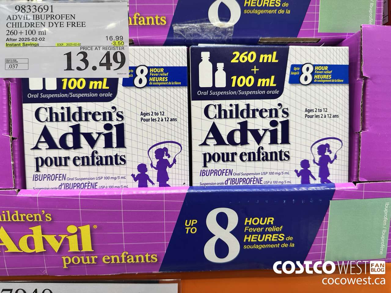 9833691 CHILDREN'S ADVIL ORAL SUSPENSION IBUPROFEN 260+100ML ($3.50 INSTANT SAVINGS EXPIRES ON 2025-02-02) $13.49