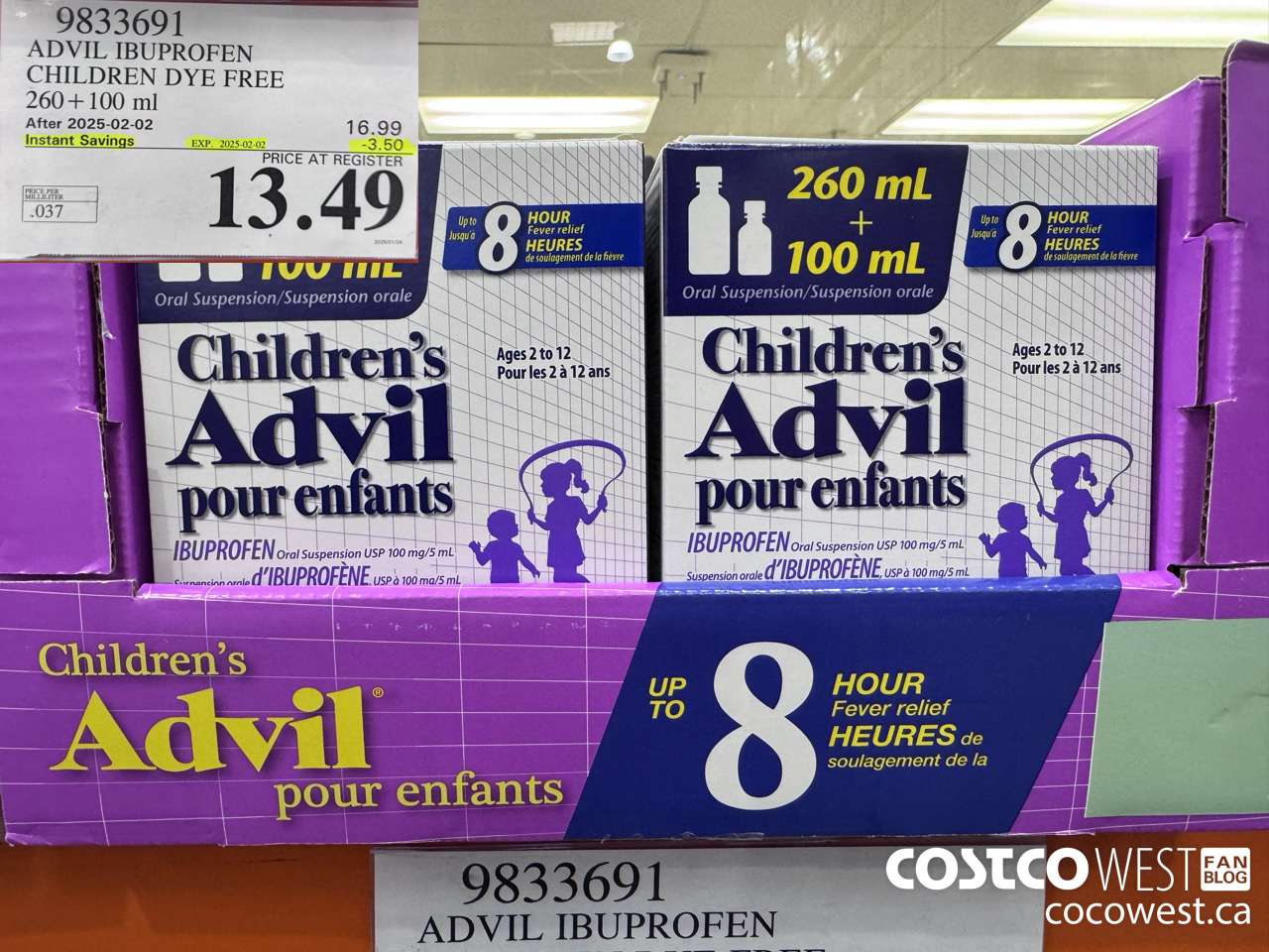 9833691 CHILDREN'S ADVIL ORAL SUSPENSION IBUPROFEN 260+100ML ($3.50 INSTANT SAVINGS EXPIRES ON 2025-02-02) $13.49