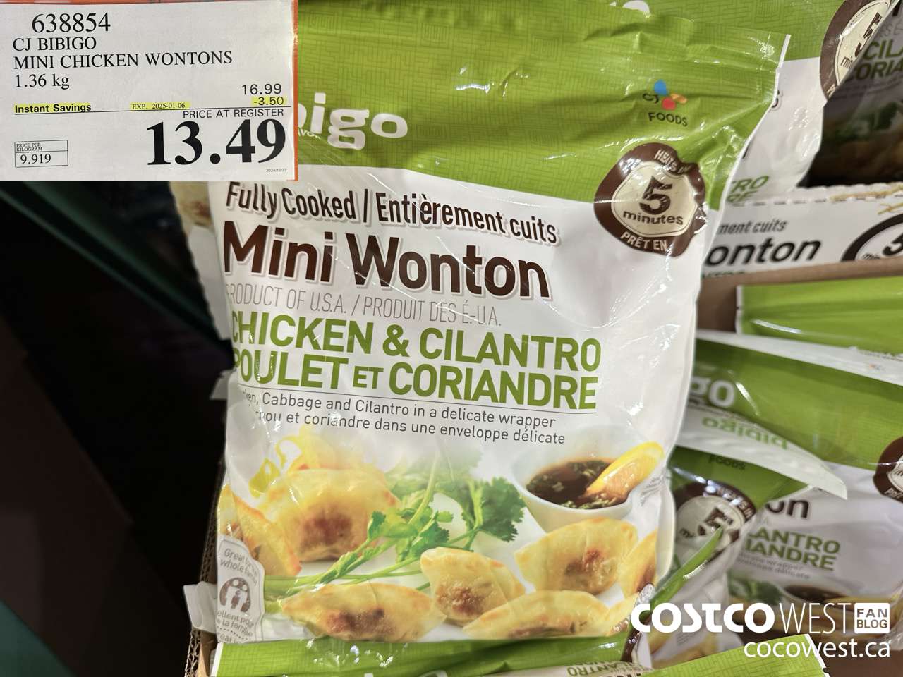 638854 CJ BIBIGO MINI CHICKEN WONTONS 1.36 KG ($3.50 INSTANT SAVINGS EXPIRES ON 2025-01-06) $13.49