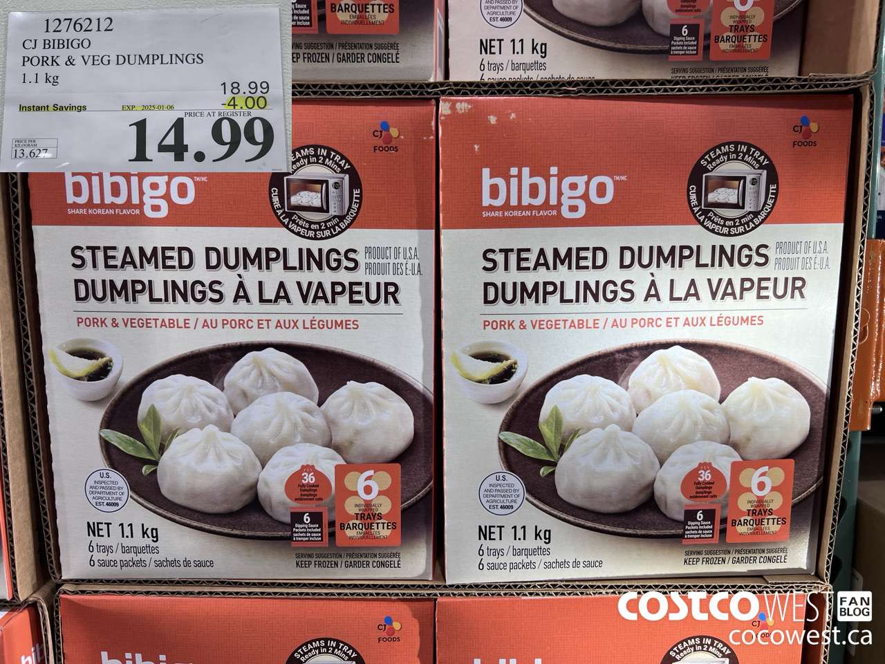 1276212 CJ BIBIGO PORK & VEG DUMPLINGS 1.1KG ($4.00 INSTANT SAVINGS EXPIRES ON 2025-01-06) $14.99