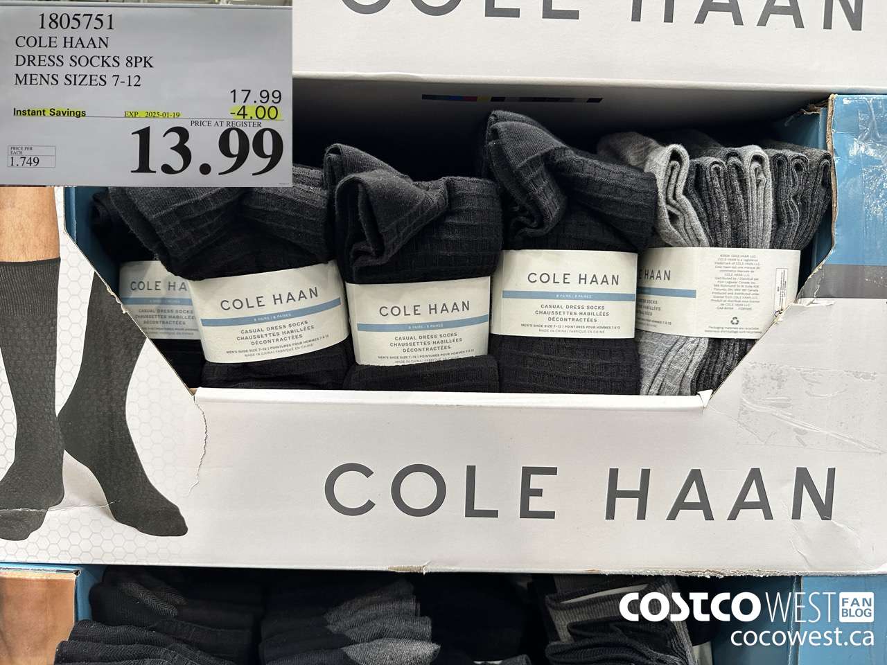 1805751 COLE HAAN DRESS SOCKS 8PK MENS SIZES 7-12 ($4.00 INSTANT SAVINGS EXPIRES ON 2025-01-19) $13.99