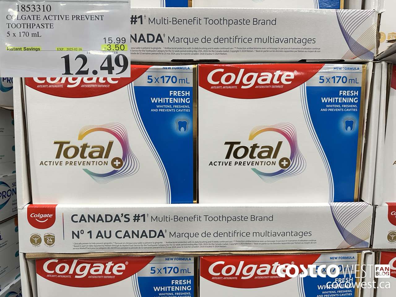 1853310 COLGATE ACTIVE PREVENT TOOTHPASTE 5 X 170ML ($3.50 INSTANT SAVINGS EXPIRES ON 2025-02-16) $12.49
